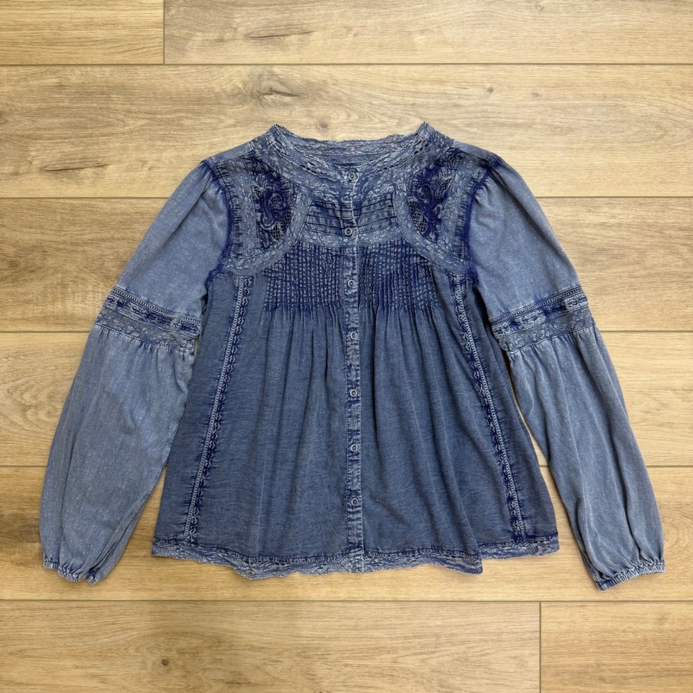 Sundance Blue Cotton Pintuck Lace Embroidered Peasant Blouse Top Small